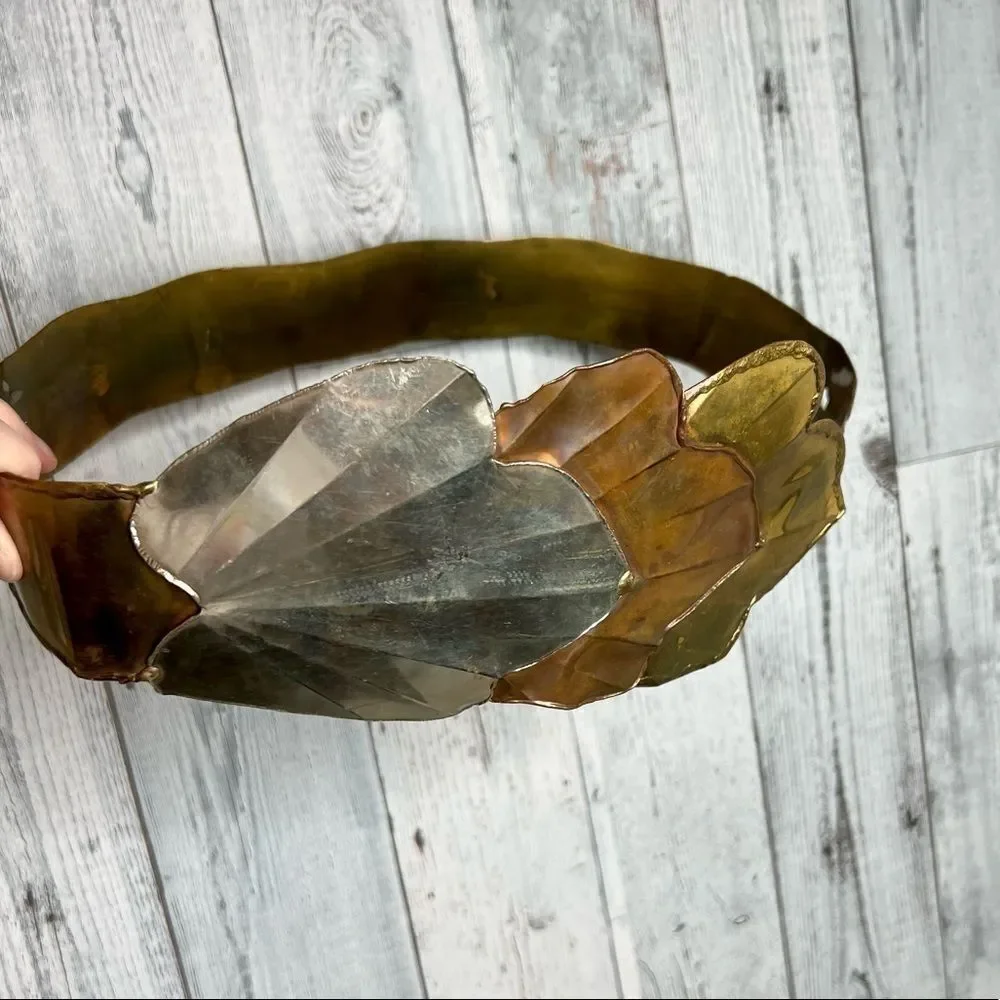 Vintage 80s Artisan Mixed Metal Scalloped Leaf Wide Belt Gaudy Unique Avantgarde